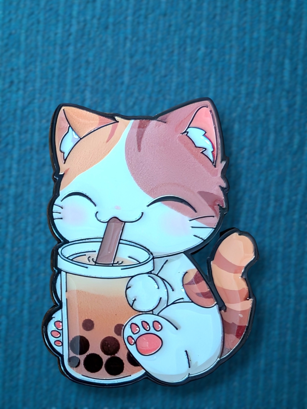 Cute Calico Cat with Bubble Tea Enamel Pin - White & Orange